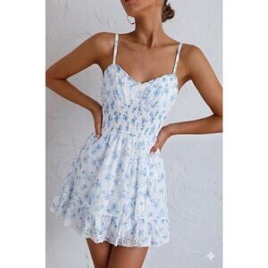 Hollister XS Blue Floral Eyelet Sundress Smocked Cotton Ruffle Mini Dress